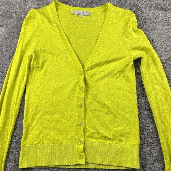 LOFT V-Neck Cardigan Sweater Womens XSP Petite Neon Yellow - Picture 2 of 13